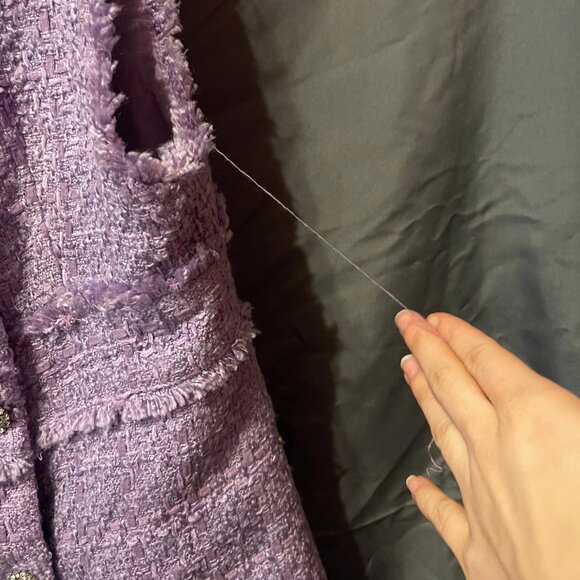 Womens ZARA Lilac Rhinestone Button-Up Front, Sleeveless, Tweed, Mini Dress - Picture 4 of 12